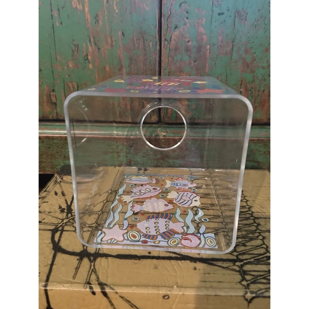Vintage 1980's Clear Plastic Kleenex Holder Colorful Fish Coastal